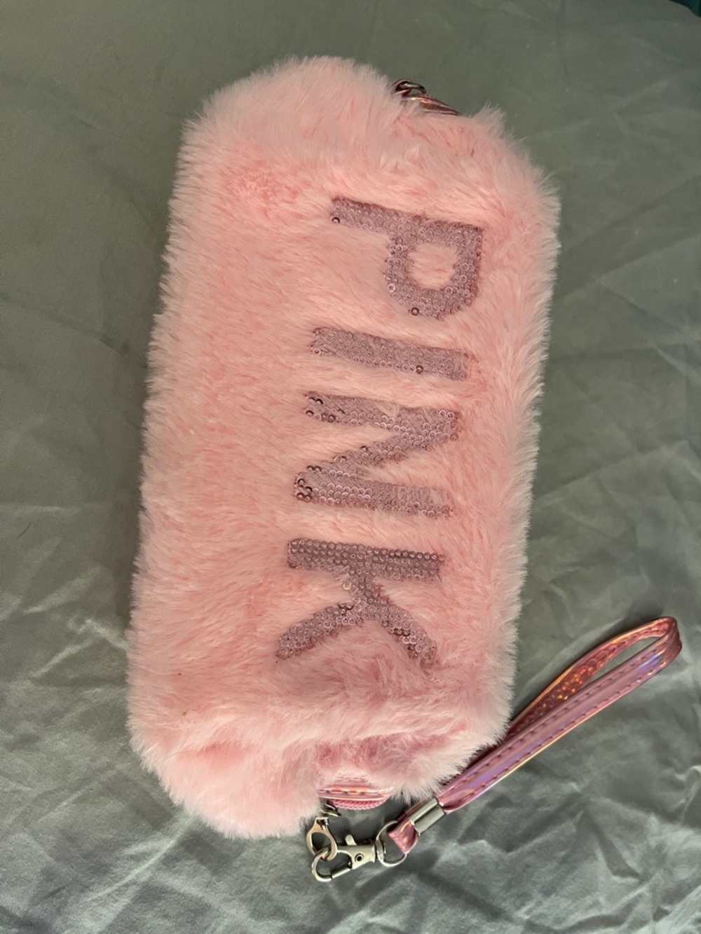 PINK Victoria's Secret Blush Pink Fuzzy Sequin Logo Cosmetic Wristlet